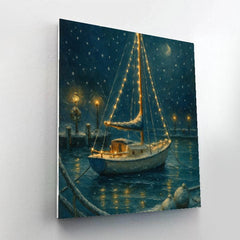 Festive Harbor With Icebound Sailboat Lights - DIY Painting By Numbers Kit