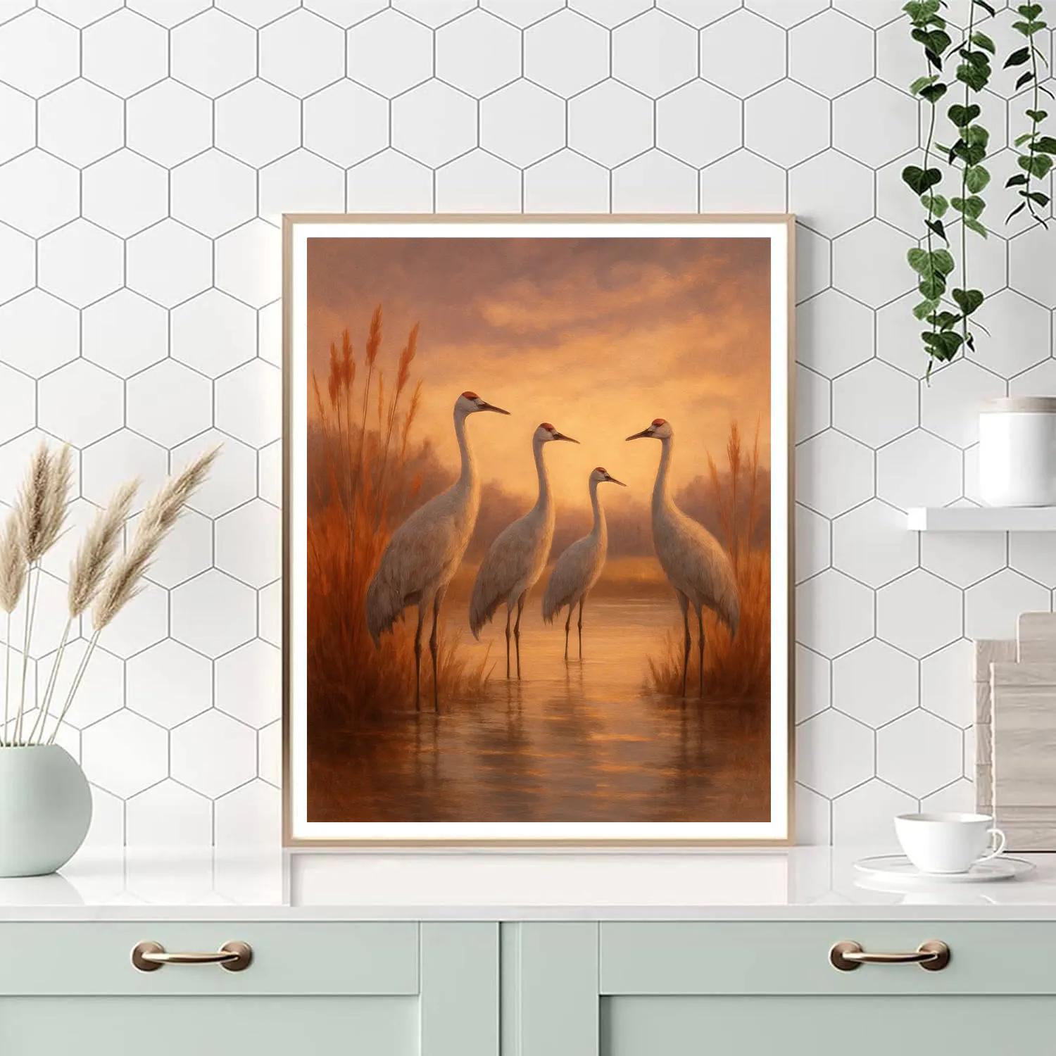 Cranes At The Amber Marsh Dawn - DIY Painting By Numbers Kit