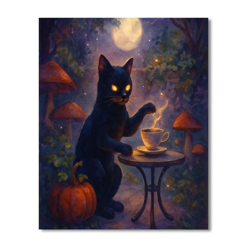 The Black Cat Tea Garden at Moonrise - DIY Painting By Numbers Kit