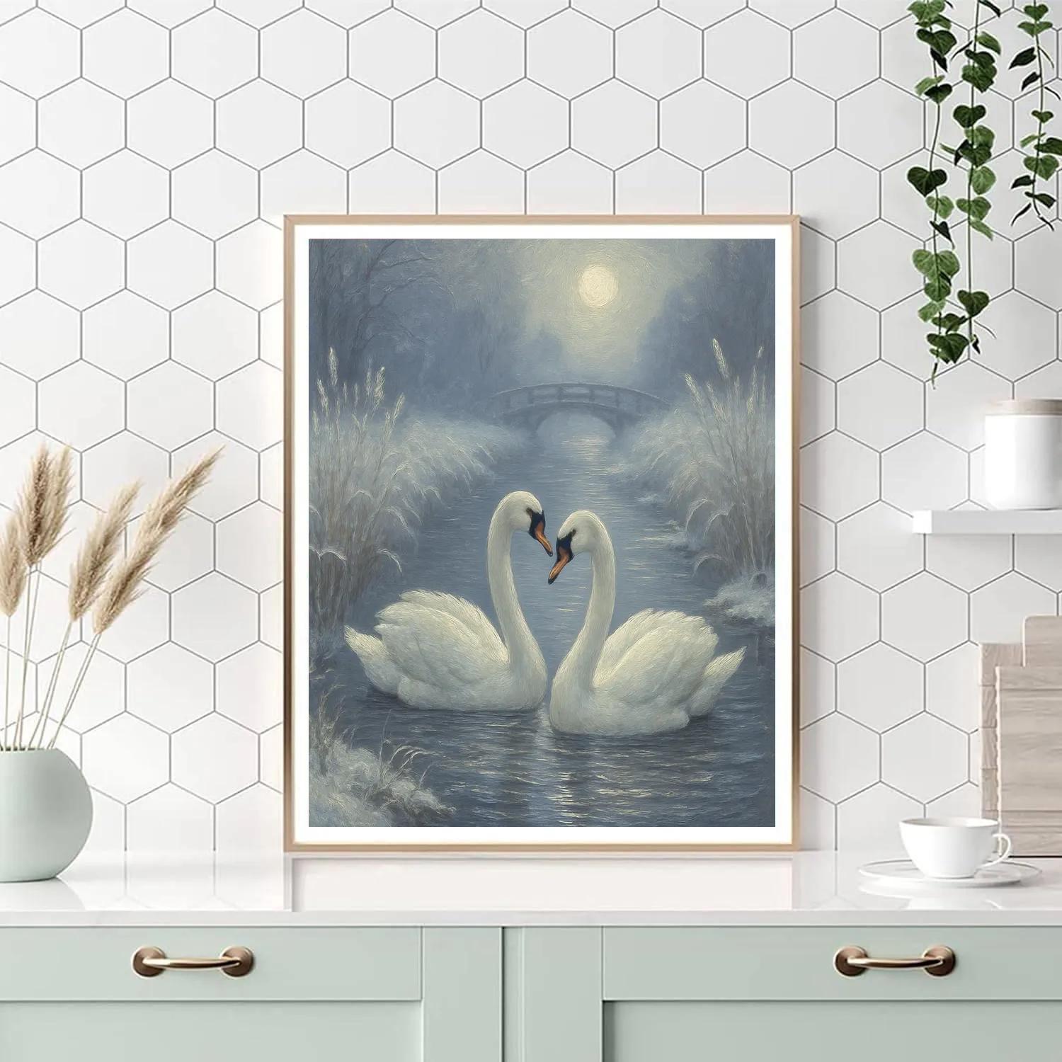 Moonlit Swans in a Frost Quiet Canal - DIY Painting By Numbers Kit
