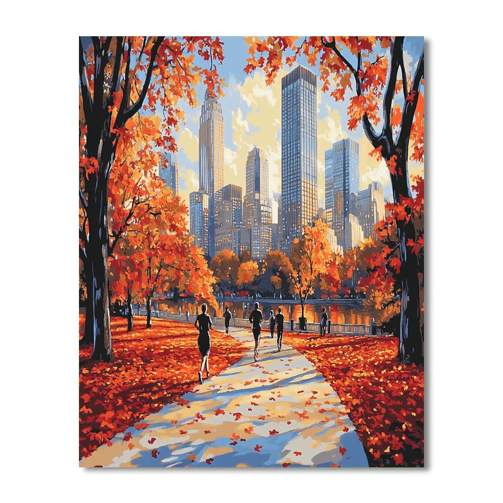 Autumn Leaves in Central Park with Midtown Skyline Recent York City - DIY Painting By Numbers Kit
