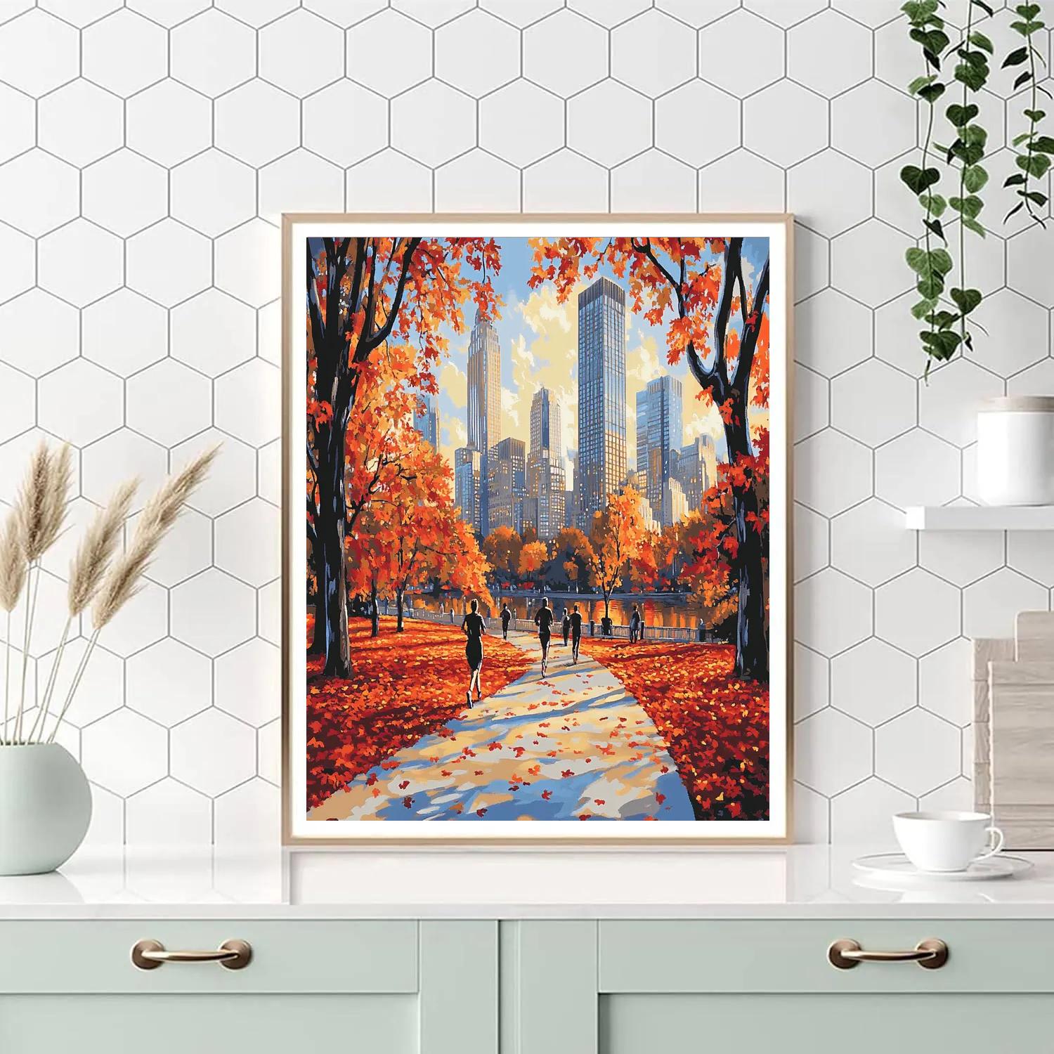 Autumn Leaves in Central Park with Midtown Skyline Recent York City - DIY Painting By Numbers Kit