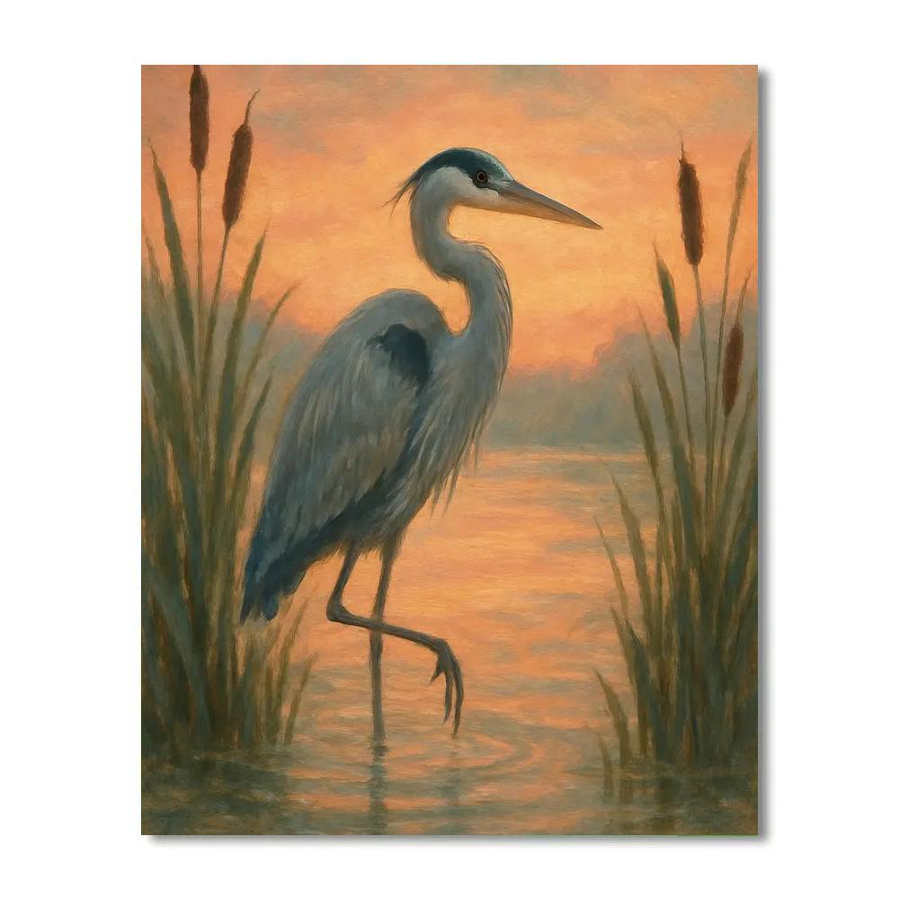 Heron at the Reed Framed Sunset Marsh - DIY Painting By Numbers Kit