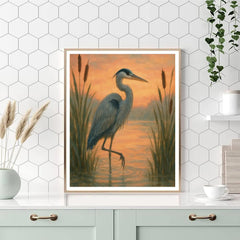Heron at the Reed Framed Sunset Marsh - DIY Painting By Numbers Kit