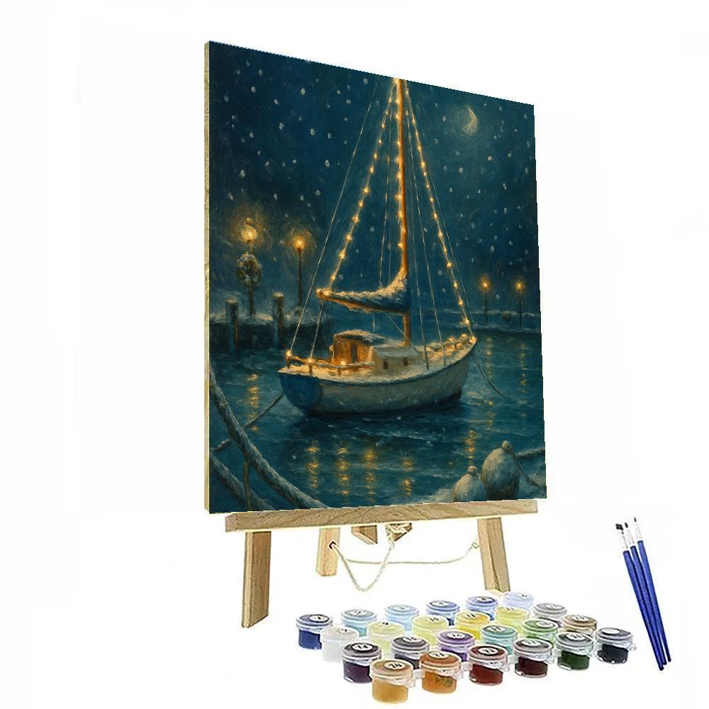 Festive Harbor With Icebound Sailboat Lights - DIY Painting By Numbers Kit