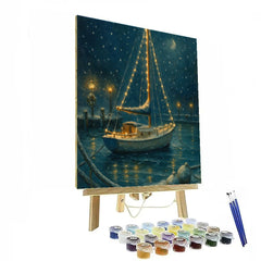 Festive Harbor With Icebound Sailboat Lights - DIY Painting By Numbers Kit