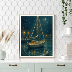 Festive Harbor With Icebound Sailboat Lights - DIY Painting By Numbers Kit