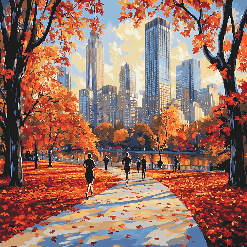 Autumn Leaves in Central Park with Midtown Skyline Recent York City - DIY Painting By Numbers Kit
