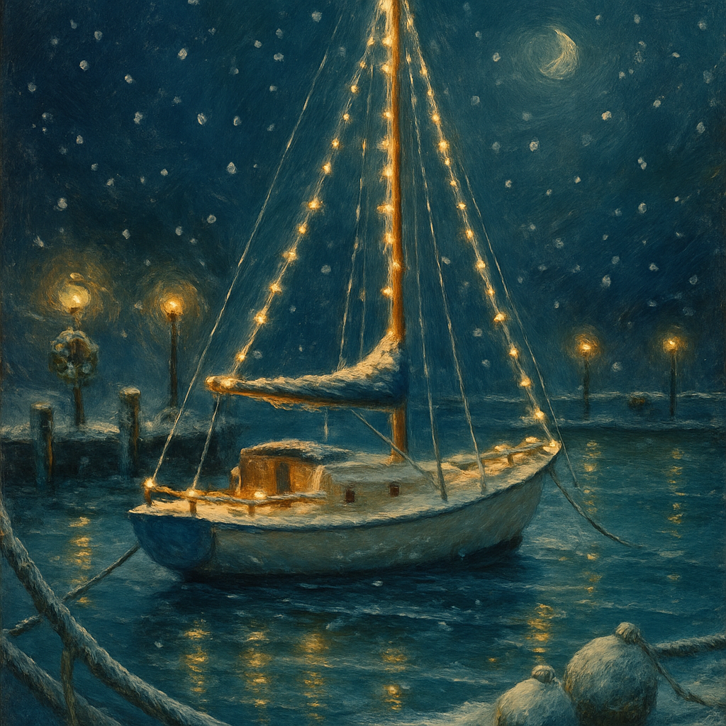 Festive Harbor With Icebound Sailboat Lights - DIY Painting By Numbers Kit