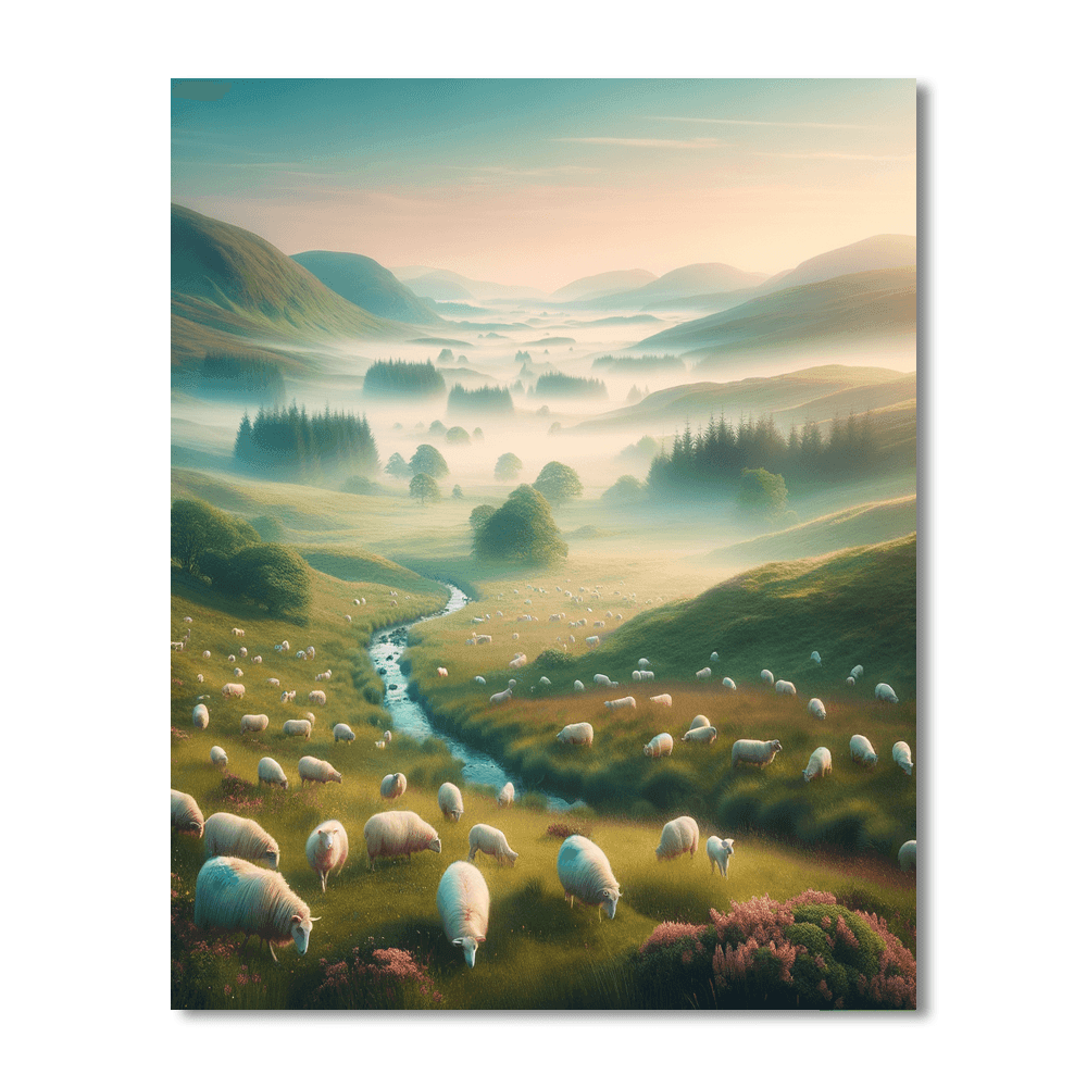 Serene Highland Meadow with Grazing Sheep - DIY Painting By Numbers Kit